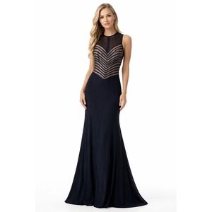 Cache Evening Gown Womens 6 Small Black Illusion Mesh Chevron Maxi Formal Dress